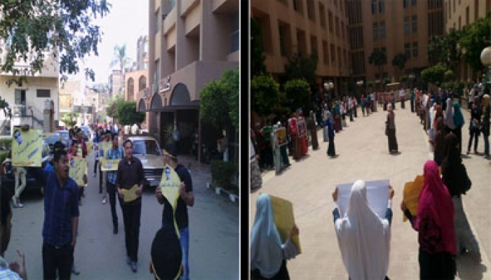 سلاسل بشرية بهندسة المنوفية ردًّا على فصل زملائهم الطلاب