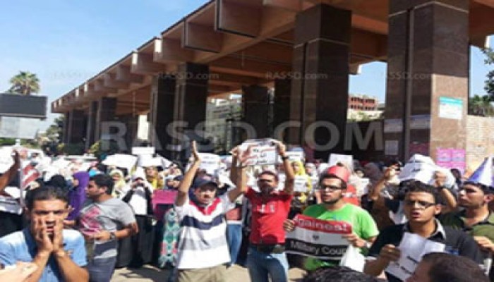سلسلة بشرية ووقفة "بالطراطير" امام جامعة المنصورة رفضا للانقلاب