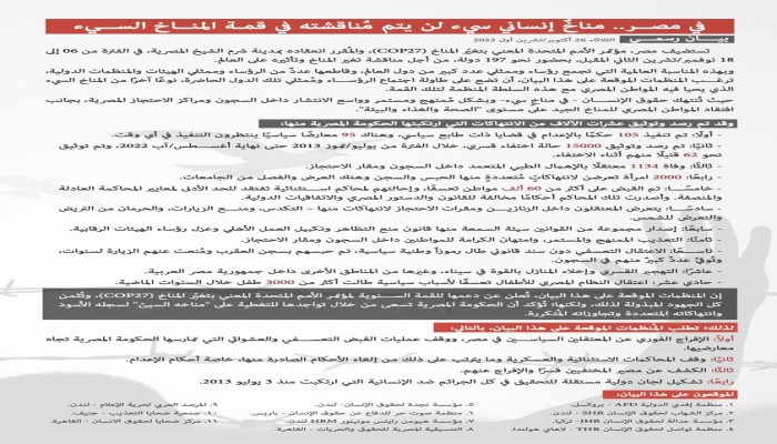 11 منظمة حقوقية تضع جرائم الانقلاب على مائدة قمة المناخ